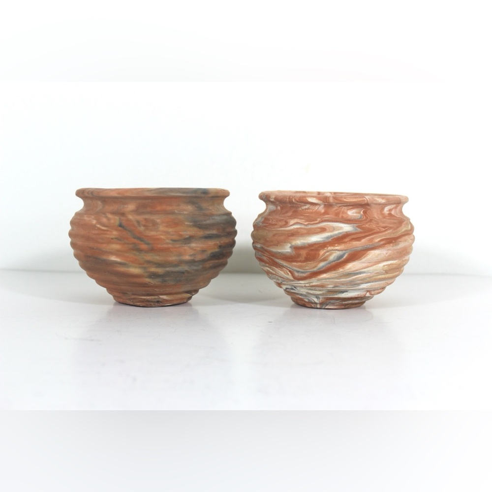 Two Vintage Comanche Pottery Small Handmade Swirl Planters, a Pair Bohemian